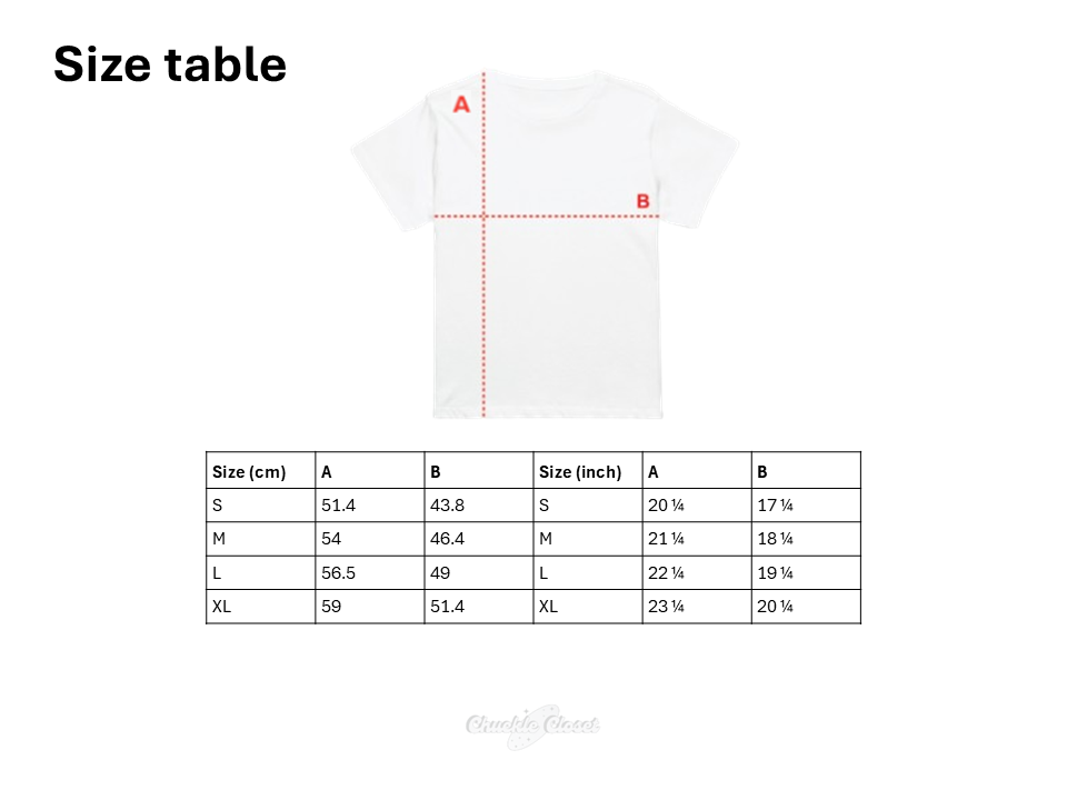short tshirt size table printful
